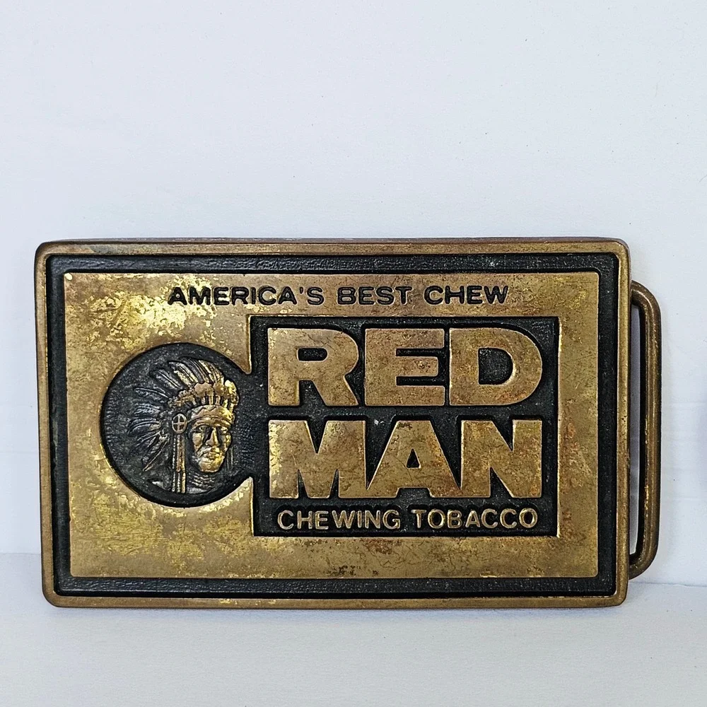 Vintage Red Man‎ Chewing Tobacco Belt Buckle Solid Brass Made in USA Americana